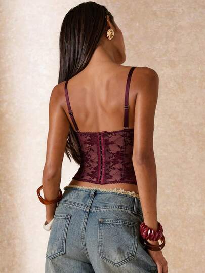 SHEIN BAE Top corto transparente con ribete de encaje rojo cereza, escote en V / Bustier ajustado rojo / Bustier ajustado de encaje, adecuado para vacaciones en la playa, fiesta de baile, festival de música, salida casual, cita nocturna, fiesta, club, festival de música country Corset superior para mujer