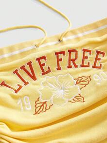 ROMWE Bộ đồ 2 mảnh dành cho nữ, phong cách nghỉ dưỡng đảo nhiệt đới, thêu hoa, gồm áo hai dây ngắn và quần short cạp thấp. - Màu vàng ngỗng - Xem 6