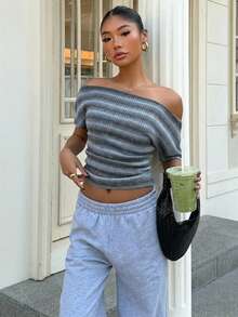 Muchica Camiseta de mujer de un hombro de punto a rayas azules - Azul - Ver 4