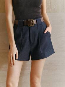 Anewsta Shorts Femininos de Cintura Alta Casual com Cinto Destacável e Abotoamento Duplo, Azul Marinho, Adequado para Primavera e Verão - Azul Marinho - Visão 2