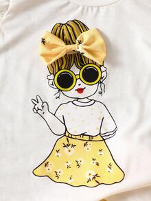 SHEIN BABAGIRL Summer Cute White Camisole With Flutter Sleeves,Whimsical Graphic Pattern,Matching Bowknot Outfit For Vacation & Daily Outings - Yellow - View 5