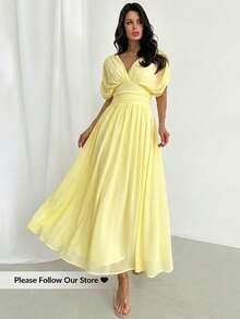 Firerie 女士新款优雅度假沙滩通勤休闲法式浪漫交叉荷叶边蝙蝠袖收腰喇叭连衣裙，奶油黄，适合通勤、约会、婚礼季 - 淡黃色 - 查看 3