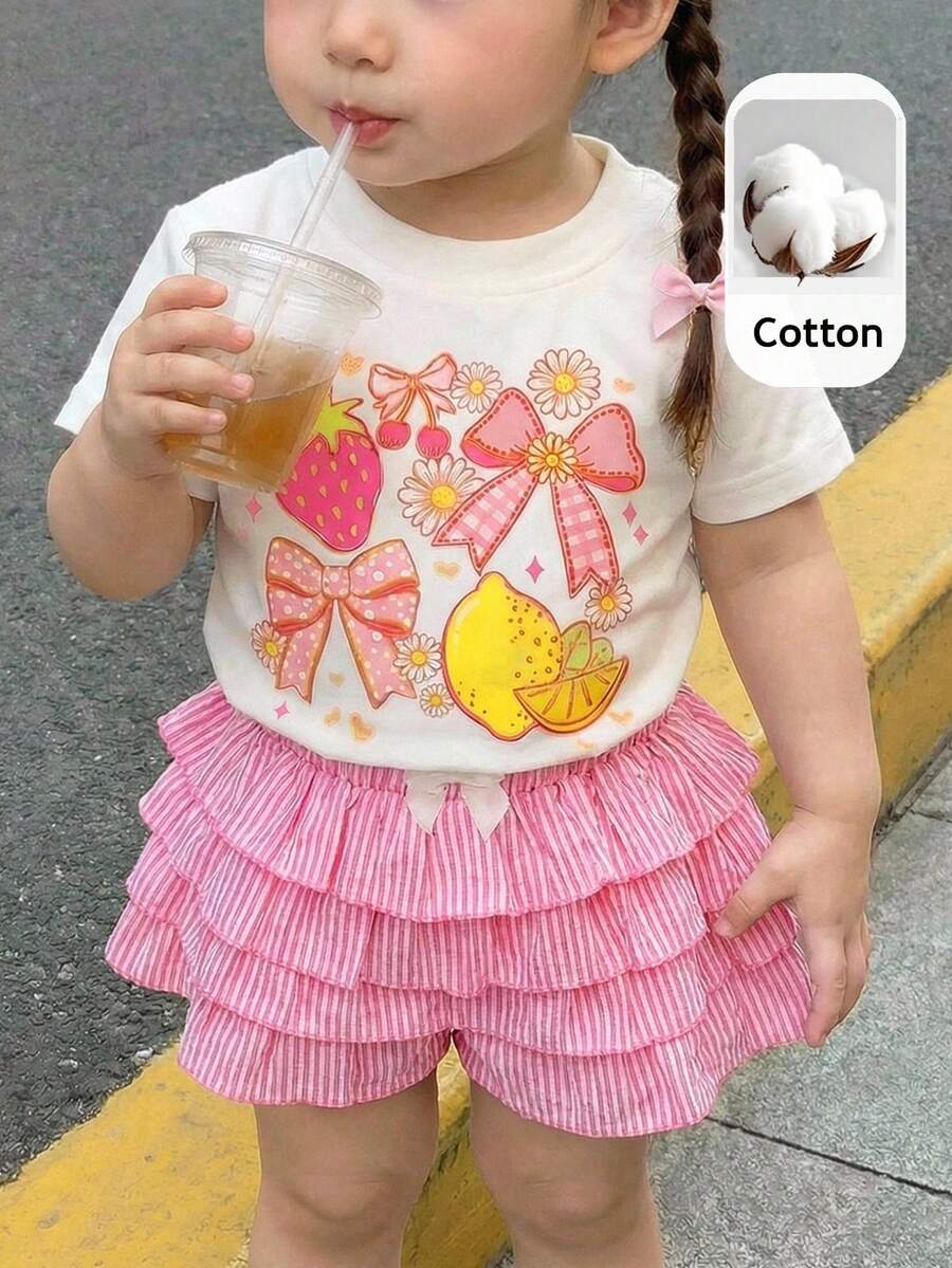 LMoss Kids Conjunto de 2 peças para bebê menina: camiseta de gola redonda em tricô liso e shorts listrados com babados na barra. - Multicolorido - Ver 1