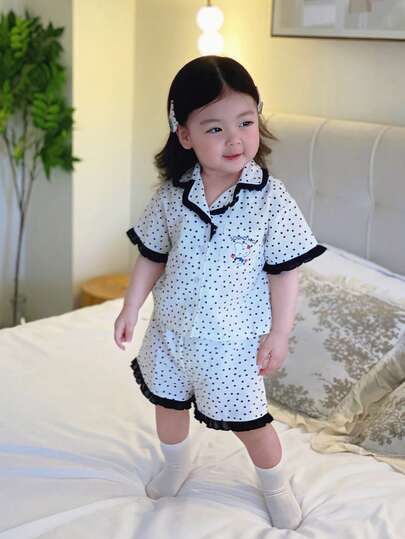 Dazy Kids Infant/Toddler Girls' Korean Style Polka Dot Cartoon Print Lapel Short Sleeve Pajamas