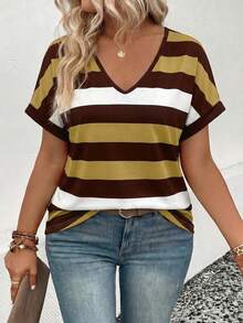 EMERY ROSE New Arrival Plus Size Women's Fashion Brown Striped V-Neck Short Sleeve T-Shirt Gym Summer - Multicolor - View 5
