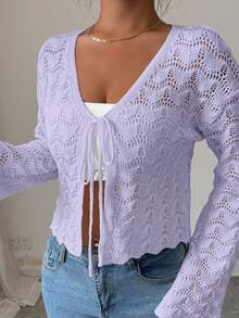 Elenzga Women's Elegant Tie-Front Hollow Out Cardigan - Mauve Purple - View 3