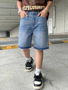 SHEIN 青少年男孩時尚休閒 Y2k 復古酷感街頭閃亮字母鉚釘藍色寬鬆牛仔短褲 日常穿搭 春夏 派對音樂節 街頭風 開學季 - 藍色 - 查看 3