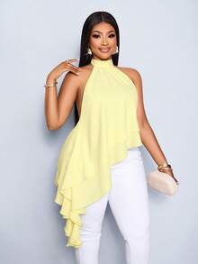 SOLERSUN Women's Elegant Vacation Light Yellow Halter Neck Flowing Double- Asymmetric Layered Ruffle Hem Blouse - Light Yellow - View 4