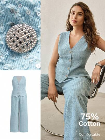 MOTF PREMIUM PLUS SIZE WOMEN'S 2-PIECE SET: BEADED DENIM V-NECK SLEEVELESS VEST AND STRAIGHT WIDE-LEG PANTS, FASHION FOR SPRING/SUMMER