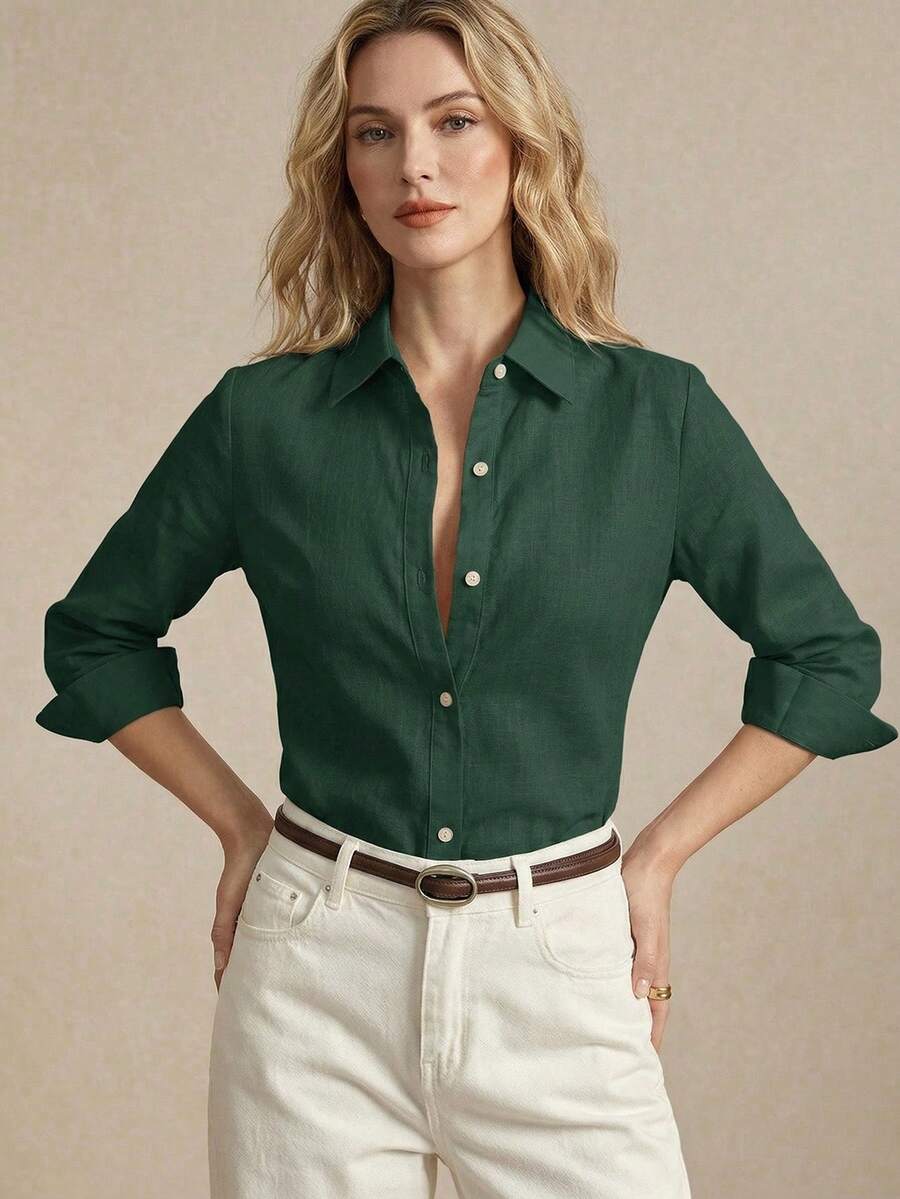 BizChic Áo sơ mi nữ màu xanh lá cây cổ ve cài cúc phía trước, kiểu dáng hiện đại, thanh lịch, phù hợp cho công sở, đi làm hàng ngày, mang phong cách lãng mạn thập niên 90, thích hợp cho Giáng sinh, Năm mới, Tiệc Valentine, đi biển, Lễ tốt nghiệp, thời trang, thường ngày, lãng mạn, phù hợp cho khách dự đám cưới, chủ nhà, hẹn hò, tiệc tùng, hòa nhạc, bữa ăn sáng muộn, sân bay, nhiều dịp khác nhau. - Màu xanh lá cây đậm - Xem 1