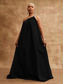 Vixey Woven Asymmetrical Single Strap Flowy Maxi Vacation Dress, Summer Holiday - Black - View 3
