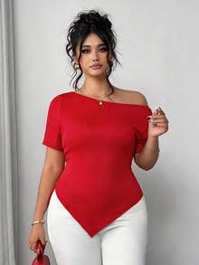 Elenzga 大码女式夏季不对称肩部褶饰不对称下摆短袖 T 恤，优雅别致的办公室穿着，修身廓形 - 紅色 - 查看 5