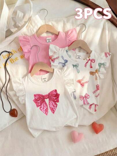 SHEIN Playful Pals 3pcs/Set Colorful Heart Striped Print Ruffle Hem Round Neck T-Shirt, Soft & Comfortable Casual Cute Spring/Summer New Arrival