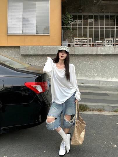 K-Vae Camiseta feminina de manga comprida, modelagem solta e costas abertas, gola redonda, estilo casual e oversized.