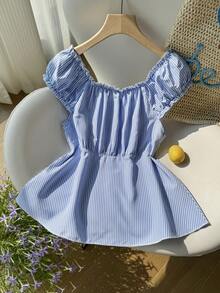 少女休闲时尚法式度假露肩大领泡泡袖蓝白条纹百搭旅行沙滩春夏衬衫，BM风格 - 藍白色 - 查看 2