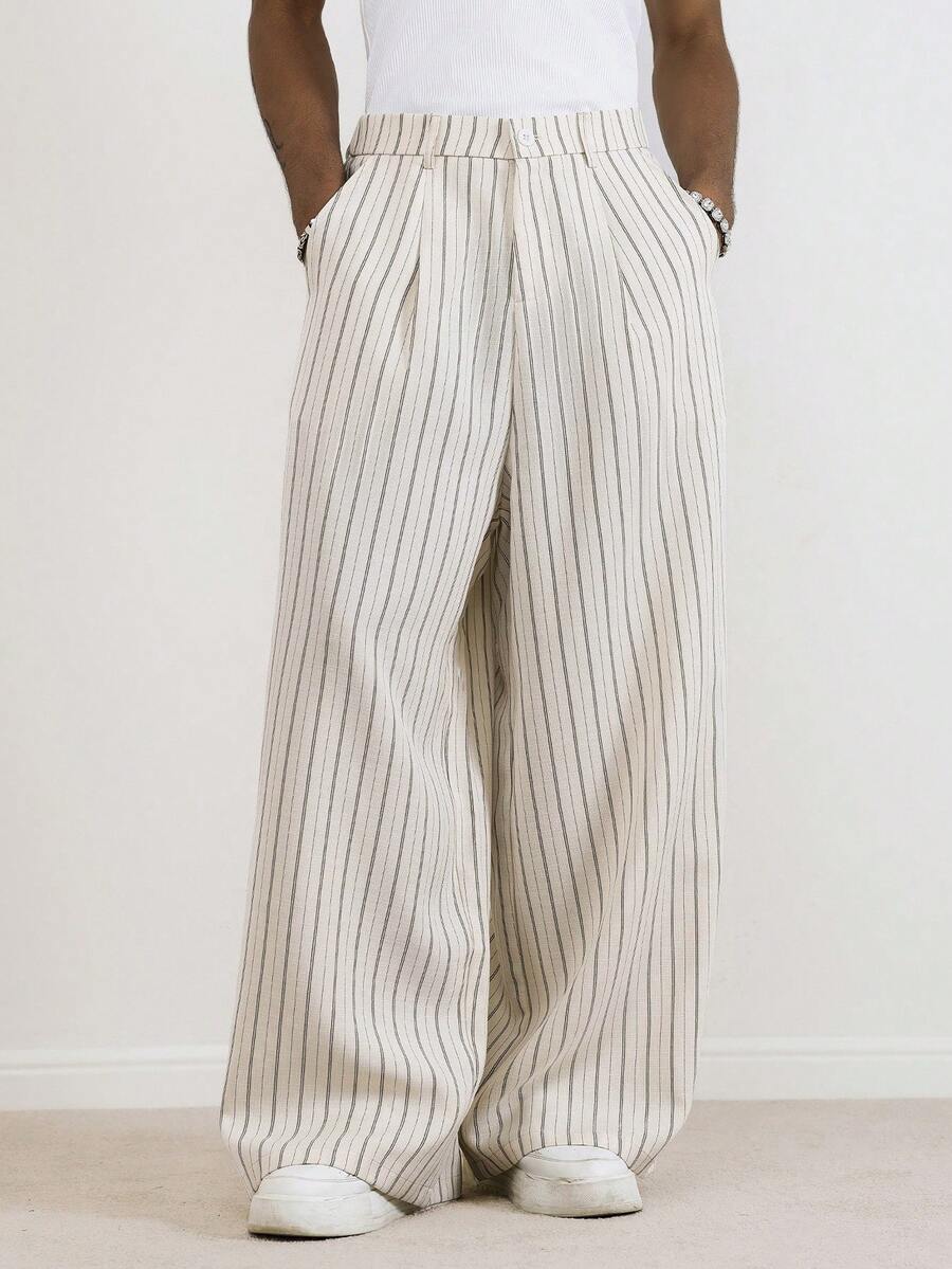 TOKVUE Men's Striped Pocket Wide Leg Loose Casual Pants, Summer - Beige - View 1