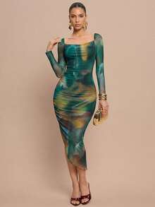 Olia Maree Olia Maree 扎染垂褶领口褶皱修身连衣裙长款女装 - 綠色 - 查看 5