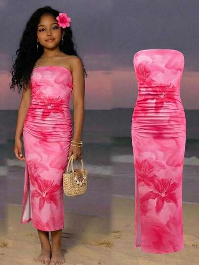 少女粉色碎花抹胸修身连衣裙，开衩设计，适合海滩、夏威夷、休闲、时尚、百搭、派对、郊游、姐妹合照、公园、露营、度假、日常休闲等场合。