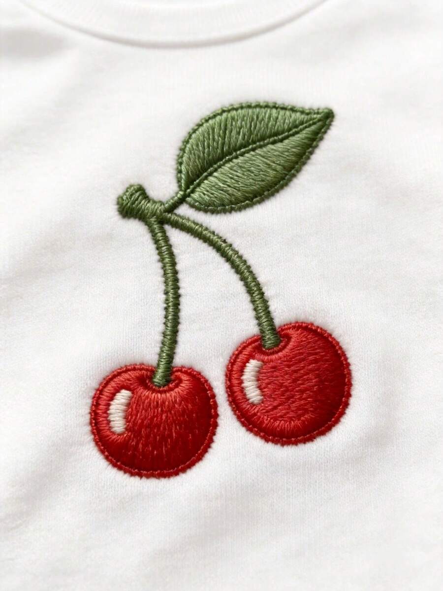 Manfinity Joysei 樱桃刺绣图案宽松短袖休闲上衣，男女通用图案T恤，男士图案T恤，女士夏季休闲衬衫，男士休闲衬衫 - 彩色 - 查看 1