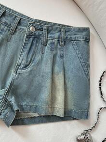 Elamini 女士休闲水洗牛仔短裤，斜插口袋，夏季 - 淺色水洗藍 - 查看 5