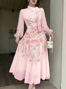 Modelyn Tie-Waist Ruched Placement Print Long Sleeve Dress For Women - Pink - View 4