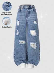 Jeans rectos de mezclilla azul desgastada con diseño minimalista, versátil y cómodo para niñas preadolescentes - Azul - Ver 4