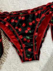 Soleia Retro Casual Red & Black Contrast Cherry Allover Print Women's Swimsuit Set, Suitable For Spring/Summer, Vacation, Island - Multicolor - View 4