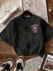 EMERY ROSE 大码女式宽松圆领短袖T恤，休闲上衣，前后片印有卡通图案，舒适百搭，可机洗，四季皆宜的简约女装 - 黑色 - 查看 6