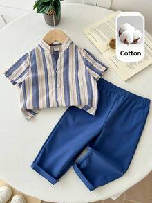 LMoss Kids Baby Boy Striped Single-Breasted Short Sleeve Top And Elastic Waist Pants Casual Daily Outfit - Multicolor - View 5