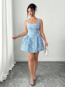 SHEIN PETITE CURVE 大码女士优雅收腰A字连衣裙，花卉提花面料，法式方领，适合日常穿着、约会、旅行、拍照等场合。 - 藍色 - 查看 5