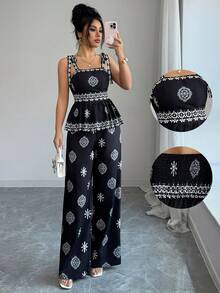 Selianne Conjunto informal de 2 piezas de top de tirantes con pliegues y estampado floral y pantalones de pierna ancha - Negro - Ver 1