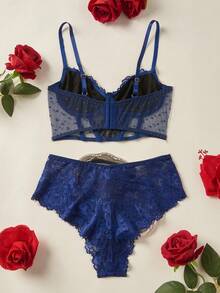 Floral Lace Underwire Lingerie Set - Navy Blue - View 2