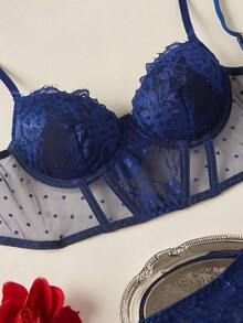 Floral Lace Underwire Lingerie Set - Navy Blue - View 3