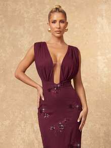 Lumalex 亮片及亮片柔软褶皱网纱紧身露背系带腰连衣裙（女款） - 中紫紅色 - 查看 4