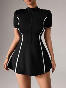 SHEIN Dewbera 一套加大码运动连衣裙，立领，拉链设计，柔软舒适，适合健身、跑步、休闲、瑜伽等场合。 - 黑色 - 查看 5