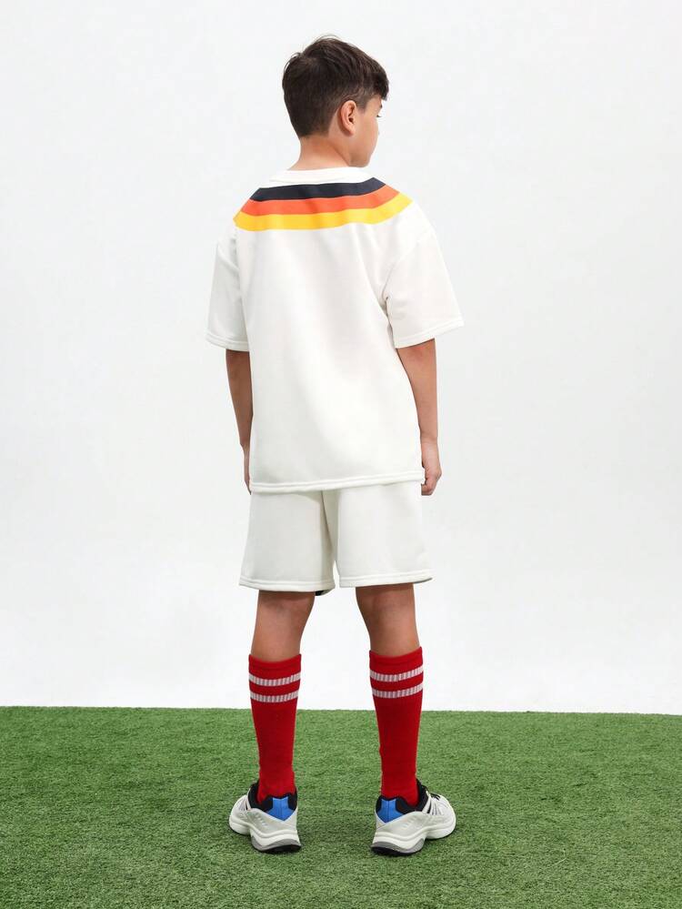 Boys White Oversized T-Shirt And Shorts Co-Ord Set With German Flag Stripe Detail And Logo Print Summer Casual Two Piece Outfit