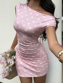 K-Vae Đầm dệt kim ngắn vai lệch họa tiết chấm bi hàng mới về - Hồng - Xem 5