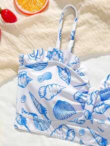 SHEIN Áo bikini hai dây cho bé gái tuổi teen, họa tiết vỏ sò xanh, đồ bơi thoải mái cho kỳ nghỉ hè, tiệc bể bơi. - Xanh và trắng - Xem 6