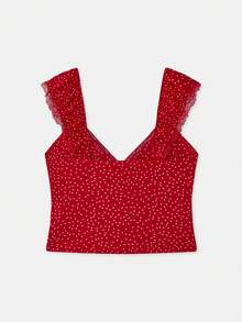 lacRébo Áo croptop dệt kim chấm bi đỏ với cổ áo hình trái tim và chi tiết ren, kiểu dáng dễ thương mùa xuân hè, phong cách Pháp, Paris. - Đỏ - Xem 7