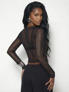 Femmeiva Women's Chic Sexy Sheer Glitter Textured Long Sleeve Tight Fit T-Shirt, Spring/Summer - Dark Grey - View 2