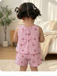 SHEIN Camiseta sin mangas con lazo a rayas rosa y blanco, estilo casual de vacaciones para bebé niña - Rosa - Ver 8