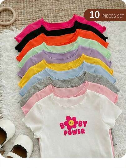 SHEIN Conjunto de 10 piezas de tops de manga corta de punto de unicolor y diseño lindo para bebé niña - ¡Compra uno y llévate nueve gratis! Adecuado para fiestas de cumpleaños, fiestas, actuaciones, bodas, bautizos, ceremonias de apertura, uso diario, escuela, viajes y primavera/verano.