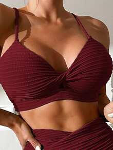 Swim Lushoire Women's Summer Beach Solid Color Twist Design Sexy Bikini Swimwear Set - Burgundy - View 3