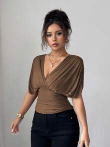 Elenzga Women's Spring/Summer Mesh Elastic Knit Lining Elegant Vacation Beach Outfit, Commute Casual French Romantic Crossover Shirred, Gathered Shoulder Sleeve, Waist Ruched, Adjustable Hem Ruffle T-Shirt Top - Brown - View 7