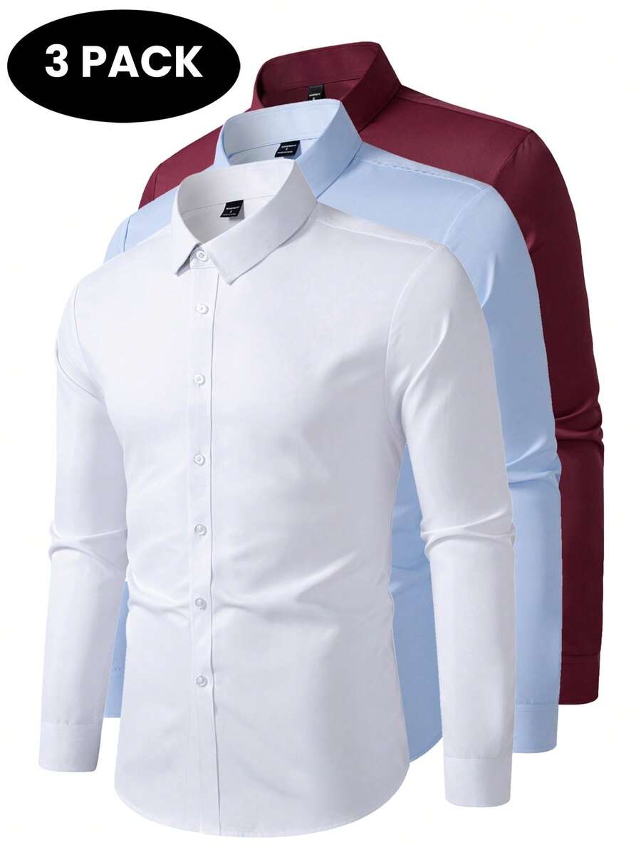 Calvornis Men's 3pcs Solid Color Front Button Business Casual Long Sleeve Shirt, Formal, Ceremony - Multicolor - View 1