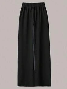 SHEIN LUNE CURVE 大码女式休闲两件套，纯色翻领单排扣休闲/工作衬衫和高腰宽松阔腿裤套装 - 黑色 - 查看 5