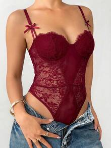 Aloruh Women's Lace & Mesh Patchwork Sexy Bodysuit - Burgundy - View 3