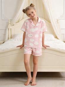 2pcs/Set Girls' Cute Elegant Pink Cloud Cartoon Print Cardigan Short Sleeve Pajama Set,Light Pink,Summer,Cute,Graphic,Home Wear,Sleep Homewear - Baby Pink - View 5