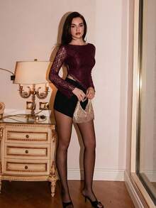 Bris Aura Women's Elegant Commuter Solid Color Lace Asymmetric Hem T-Shirt, Lace Long Sleeve Top - Red Violet - View 3