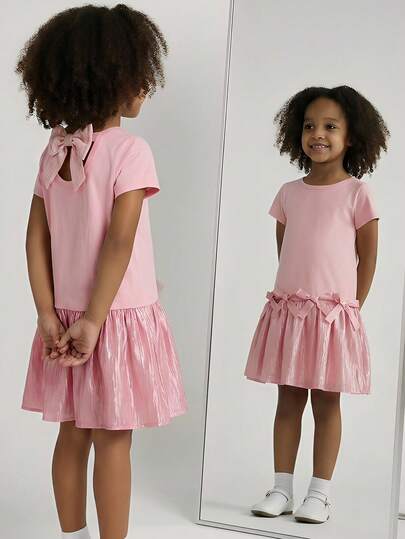 Maija Kids 一件装，女童休闲舒适百搭圆领蝴蝶结装饰拼接短袖连衣裙，适合日常穿着、返校、郊游、聚会、节日、派对、春夏季节。